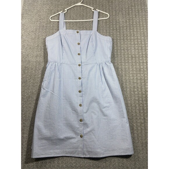 J Crew Factory Dress Size 14 Blue & White Stripe Seersucker Jumper Strappy - Picture 2 of 12